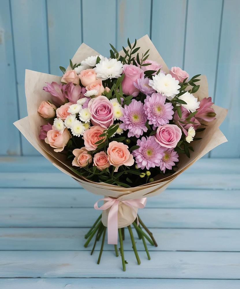 Букет цветов из: Хризантемы, Розы и Альстромерии в Нижнегорском