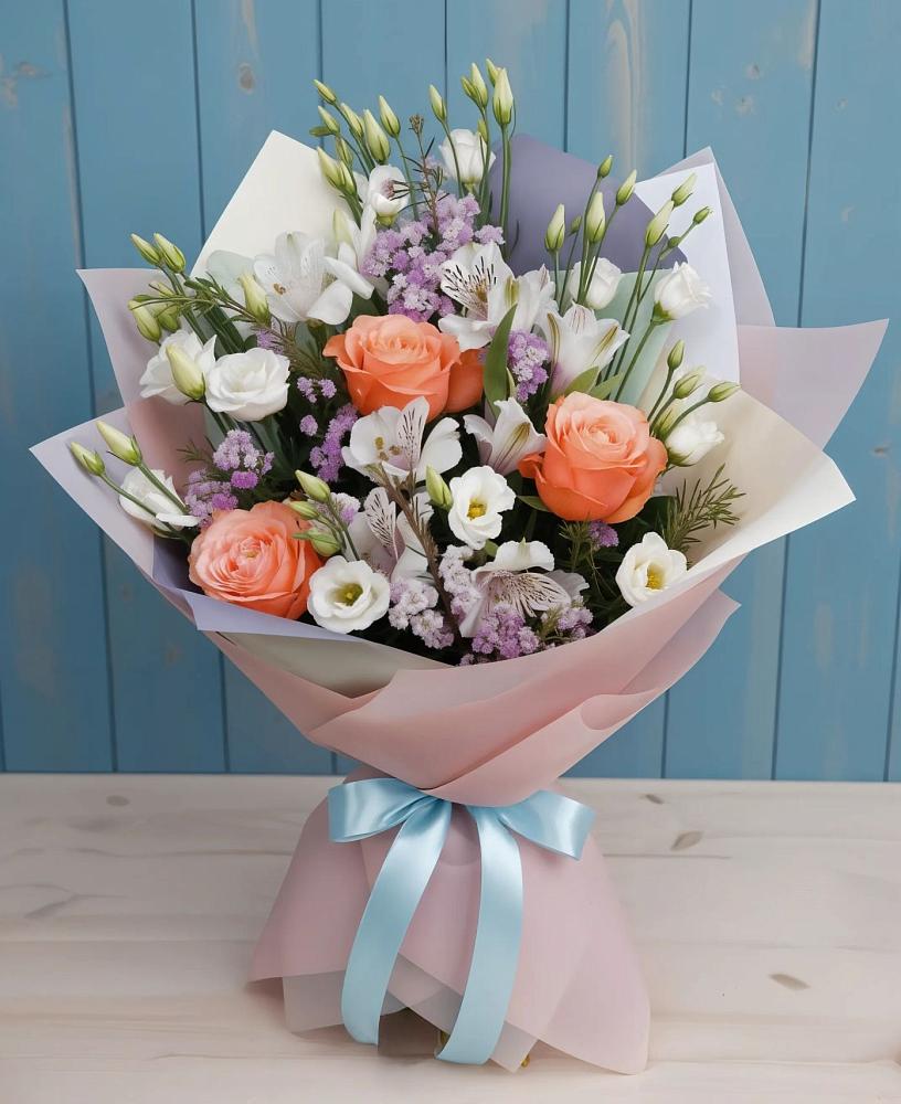 Букет цветов из: Лизиантусы, Розы, Альстромерии и Гипсофила в Нижнегорском