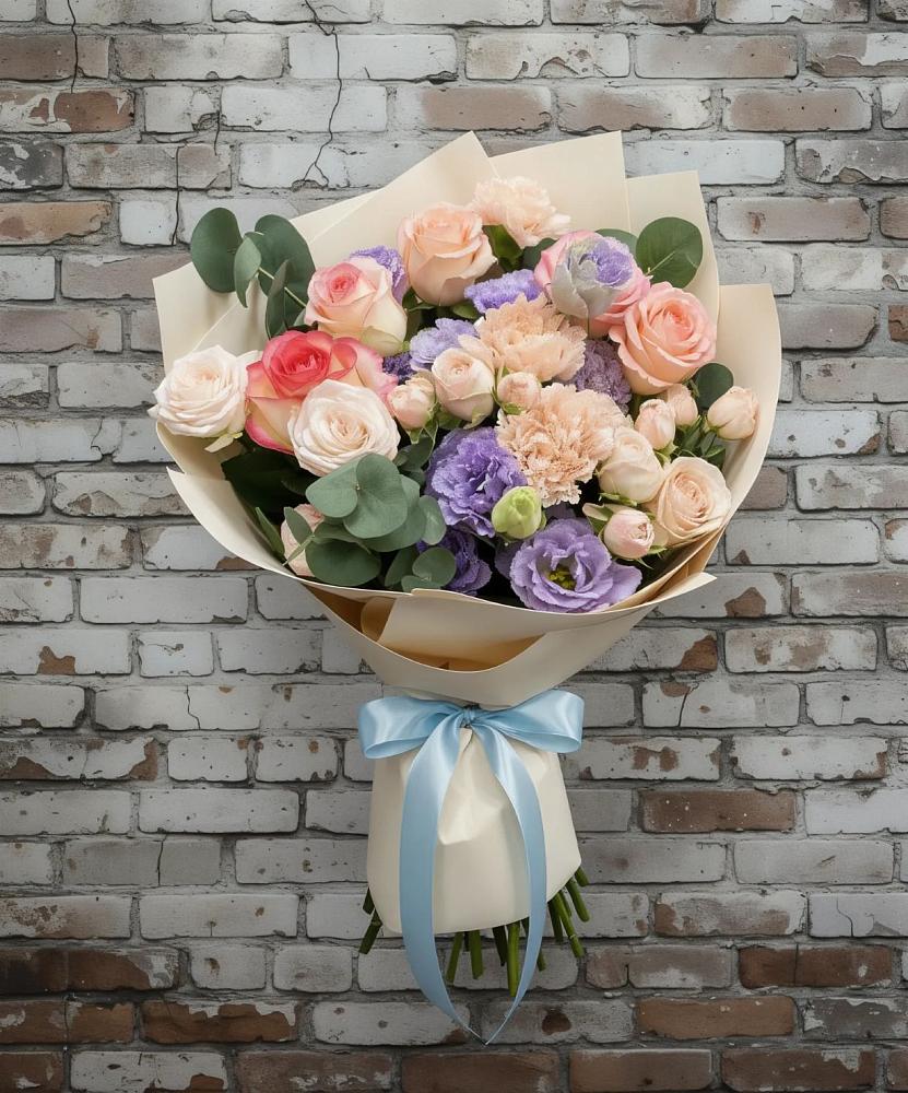 Букет цветов из: Розы, Лизиантусы и Гвоздики в Нижнегорском