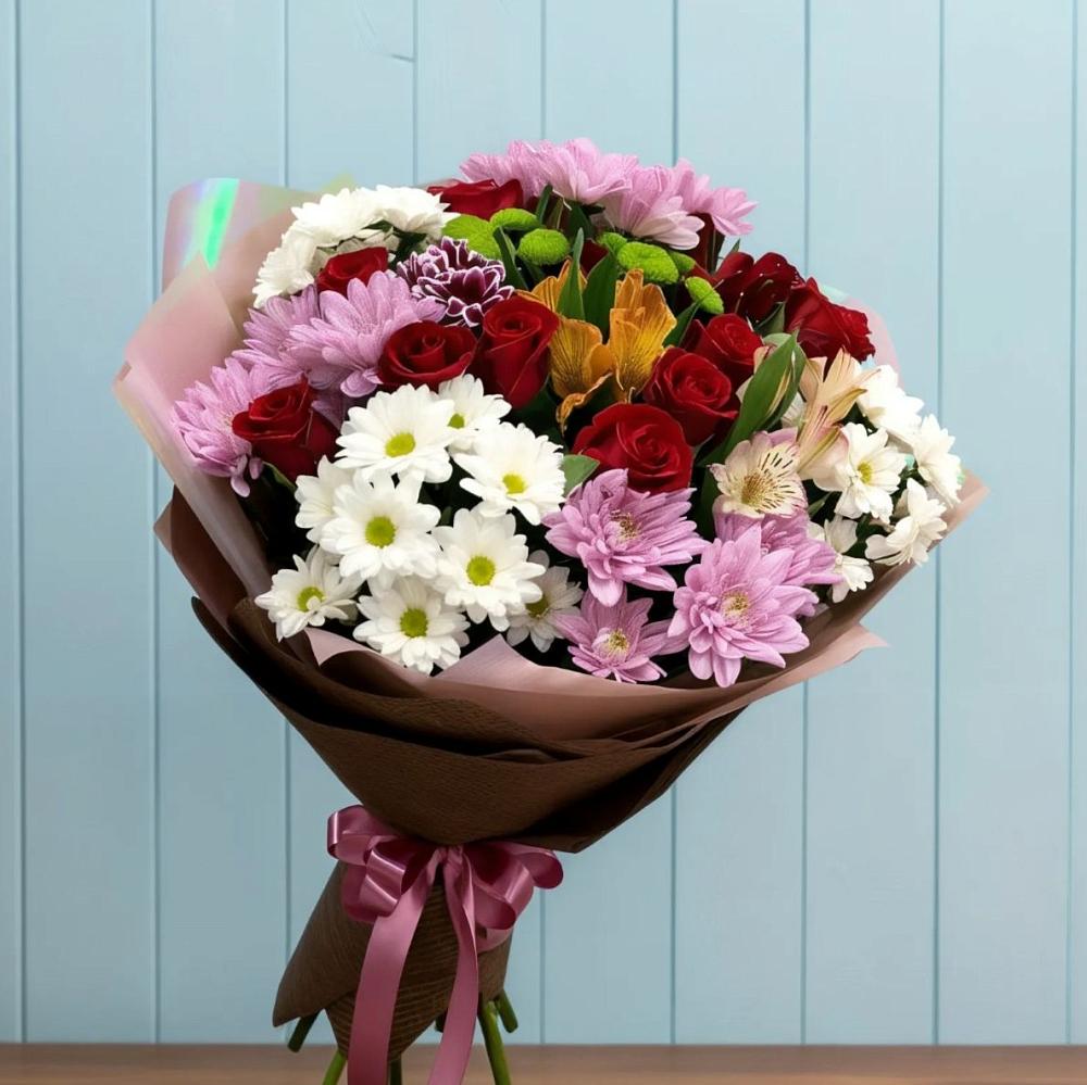 Букет цветов из: Розы, Хризантемы и Альстромерии в Нижнегорском