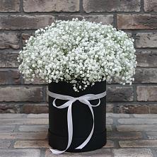 Цветочная композиция из Гипсофила в шляпной коробке в Нижнегорском