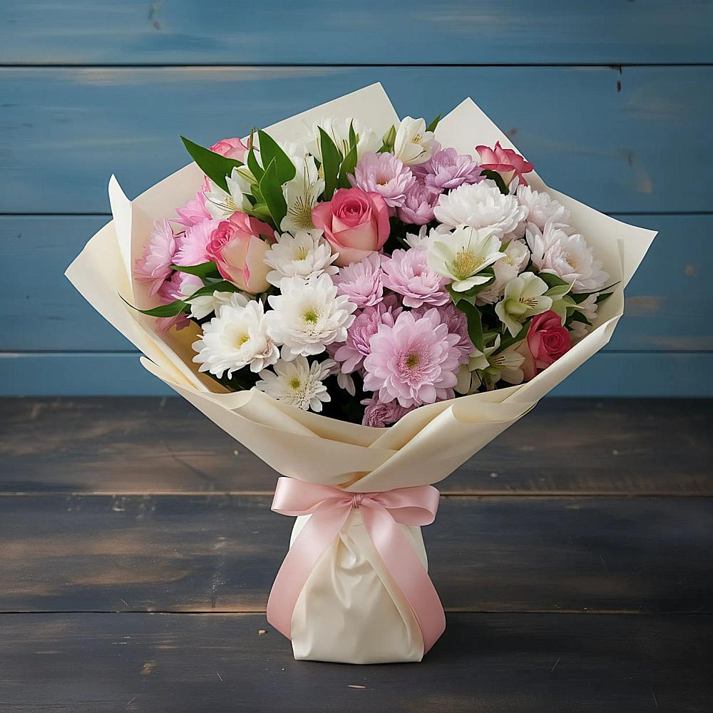 Букет цветов из: Хризантемы, Альстромерии и Розы в Нижнегорском